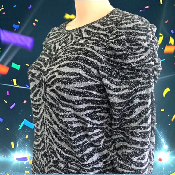 EXPRESS Shimmering Zebra Black and Gray Print Puff Long Sleeves Top Sz M - Picture 2 of 5
